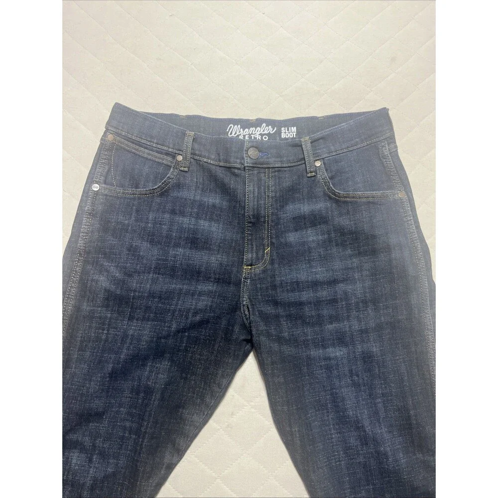 Wrangler Retro Jeans Men 36x34 Slim Boot Cut Blue Denim Workwear Rodeo Stretch